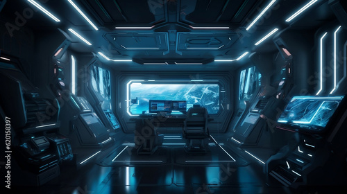 Inside spaceship laboratory with empty podium interior architecture with glowing neon for cyberpunk product presentation, Generative Ai