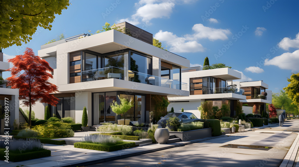 modern townhouse Linked house, two-story house, 3D, eye-level view, daytime, blue sky, white clouds Generative AI