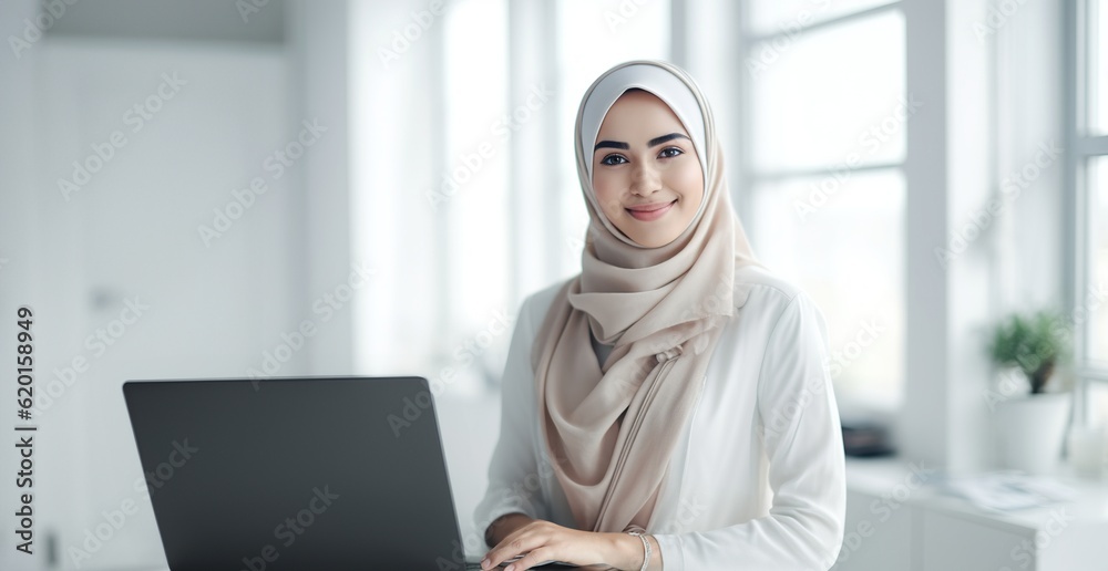 Portrait of beautiful modern Muslim businesswoman in white hijab working at bright office.