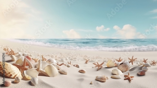 Seashells on the white sand beach background with copy space. Nature and marine concept. 3D illustration rendering  Generative Ai