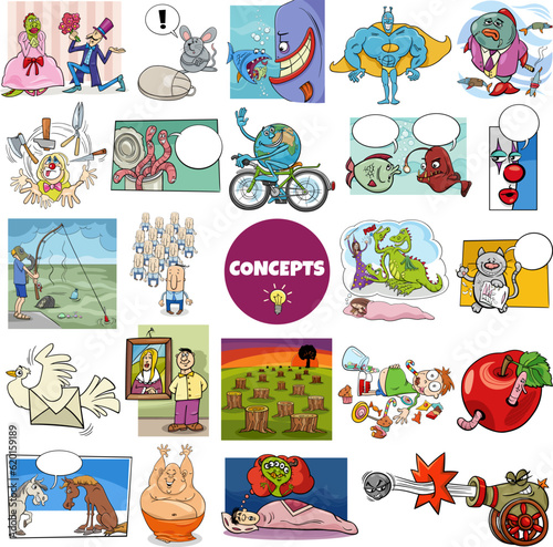 cartoon concepts or metaphors with comic characters big set