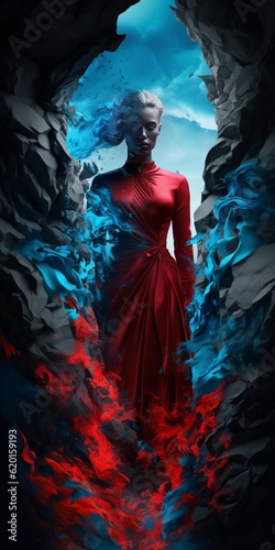 a woman in a red dress standing in a cave