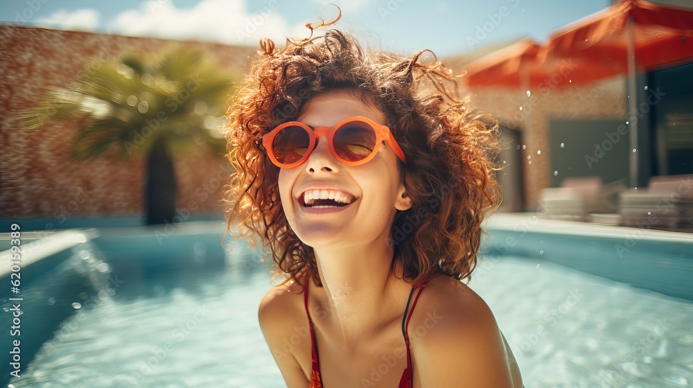 a woman in a red bikini and red sunglasses in a swimming pool - obrazy, fototapety, plakaty 