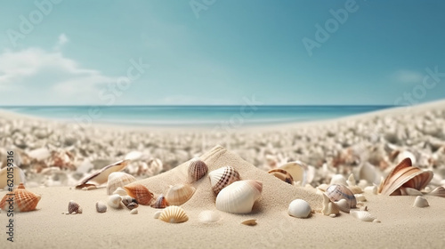 Seashells on the white sand beach background with copy space. Nature and marine concept. 3D illustration rendering, Generative Ai