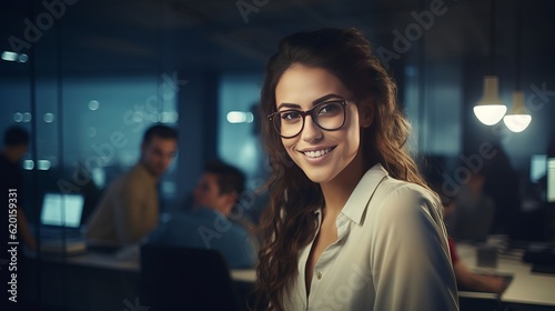 a woman wearing glasses in an office setting