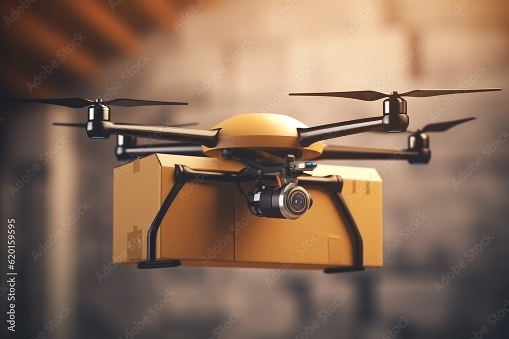 Realistic drone delivering package from warehouse Realistic drone delivering package from warehouse