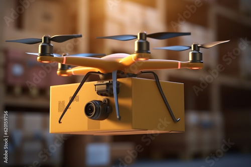 Realistic drone delivering package from warehouse