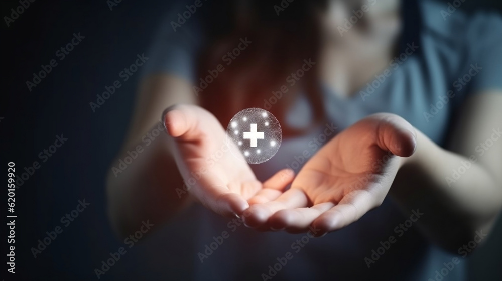 Woman hand holding plus icon for the healthcare medical icon. Health insurance health concept. access to welfare health and copy space, Generative Ai
