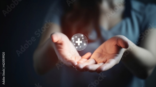 Woman hand holding plus icon for the healthcare medical icon. Health insurance health concept. access to welfare health and copy space, Generative Ai