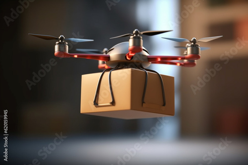 Realistic drone delivering package from warehouse