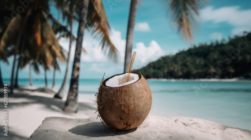 Wallpaper Mural Tropical fresh coconut cocktail with straw on white beach with blue ocean and palm trees on the background, tropical,Holiday,resort concept, Generative Ai Torontodigital.ca