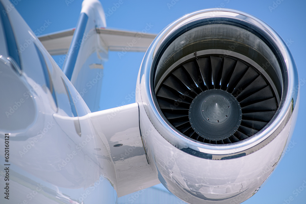 Business jet turbofan engine from the front.