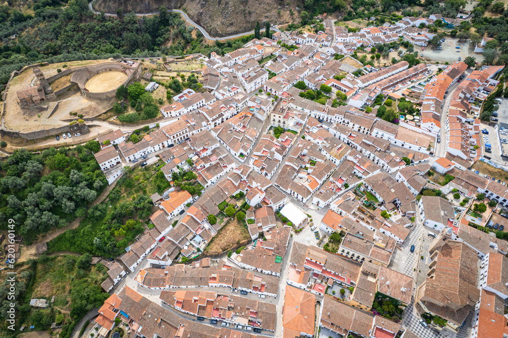Aerial view of the beautiful Spanish village of Almonaster la Real in southern Spain