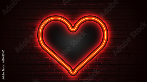 Red heart shape neon light on dark wall backgorund. Abstract and decoration concept. Happy Valentines day element. Sign and symbol electric light glow banner, Generative Ai