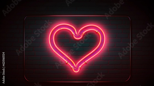 Red heart shape neon light on dark wall backgorund. Abstract and decoration concept. Happy Valentines day element. Sign and symbol electric light glow banner, Generative Ai