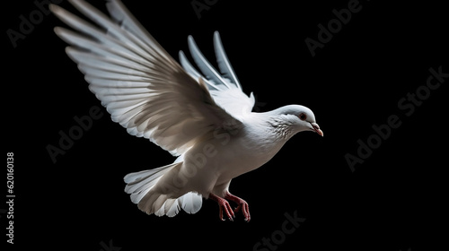 White dove flying isolated on black background and Clipping path. freedom on international day of peace concept, Generative Ai