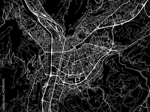 Vector road map of the city of  Grenoble in France on a black background.
