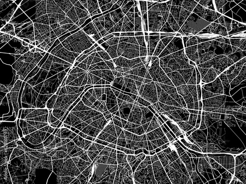 Vector road map of the city of  Paris in France on a black background.