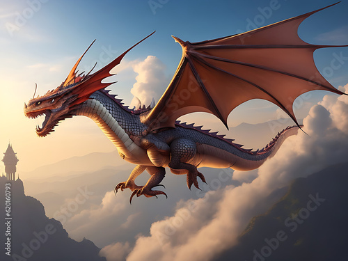 colossal, ancient dragon perches on a mountaintop, with a vast, sprawling fantasy world visible in the background, emphasizing the creature's majesty and power, rendered in a detailed. generative AI