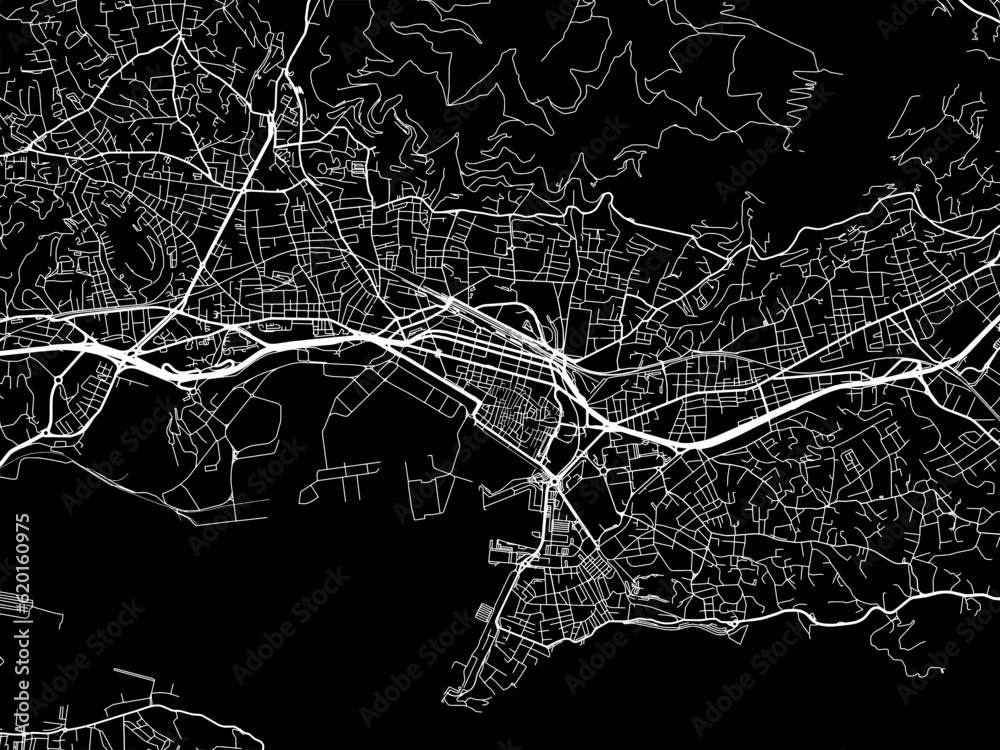 Vector road map of the city of  Toulon in France on a black background.