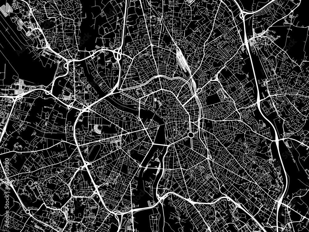 Vector road map of the city of  Toulouse in France on a black background.