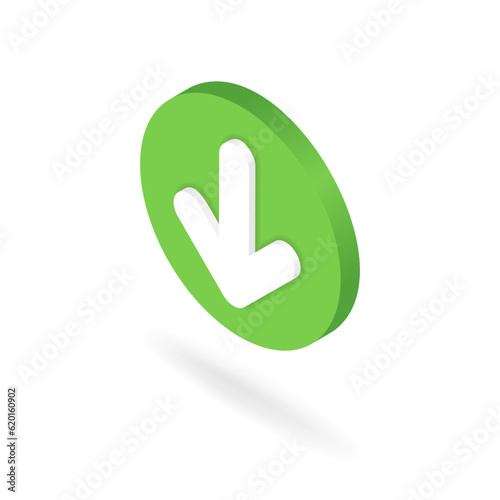 Isometric download button. 3d file loading icon presented at left angle. Down arrow as file uploading, data transfer symbol for internet use. Vector illustration isolated on white background