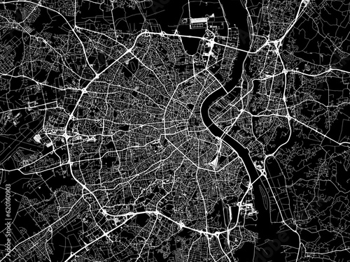 Vector road map of the city of  Bordeaux in France on a black background.