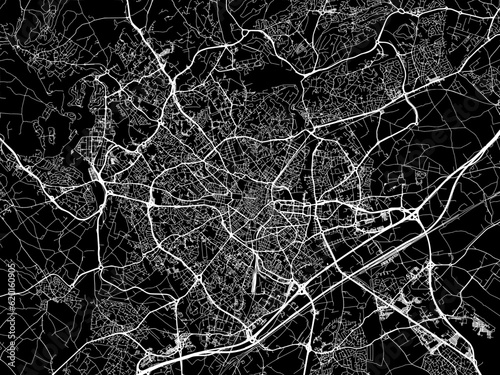 Vector road map of the city of Montpellier in France on a black background.