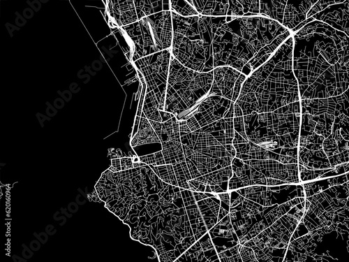 Vector road map of the city of  Marseille in France on a black background.