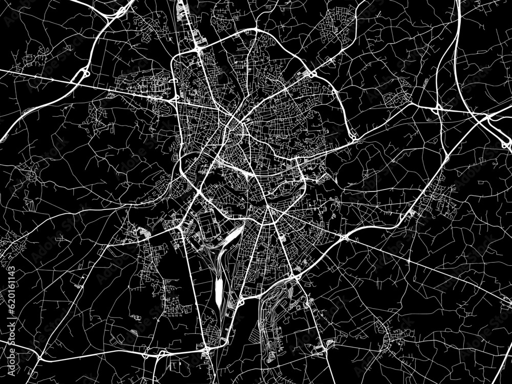 Vector road map of the city of  Le Mans in France on a black background.