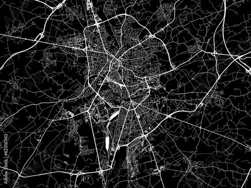 Vector road map of the city of  Le Mans in France on a black background.
