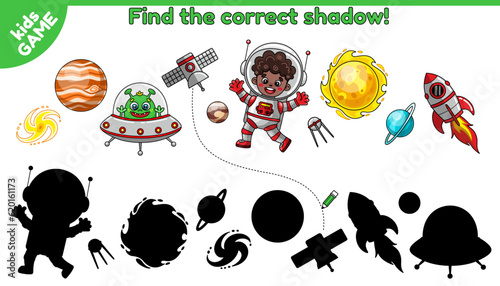 Kids Game. Find the correct shadow. Puzzle for preschool and school education. Activity book for children. Cartoon astronaut afro boy, alien, planets and other. Vector illustrations on space theme.