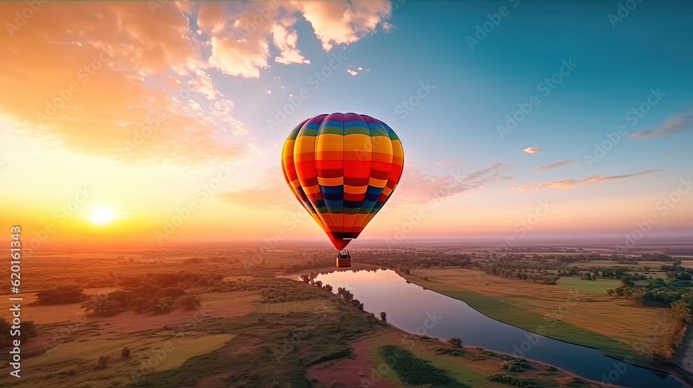 Сolorful hot air balloon gracefully adorned the sky during evening time Created with Generative Ai technology.
