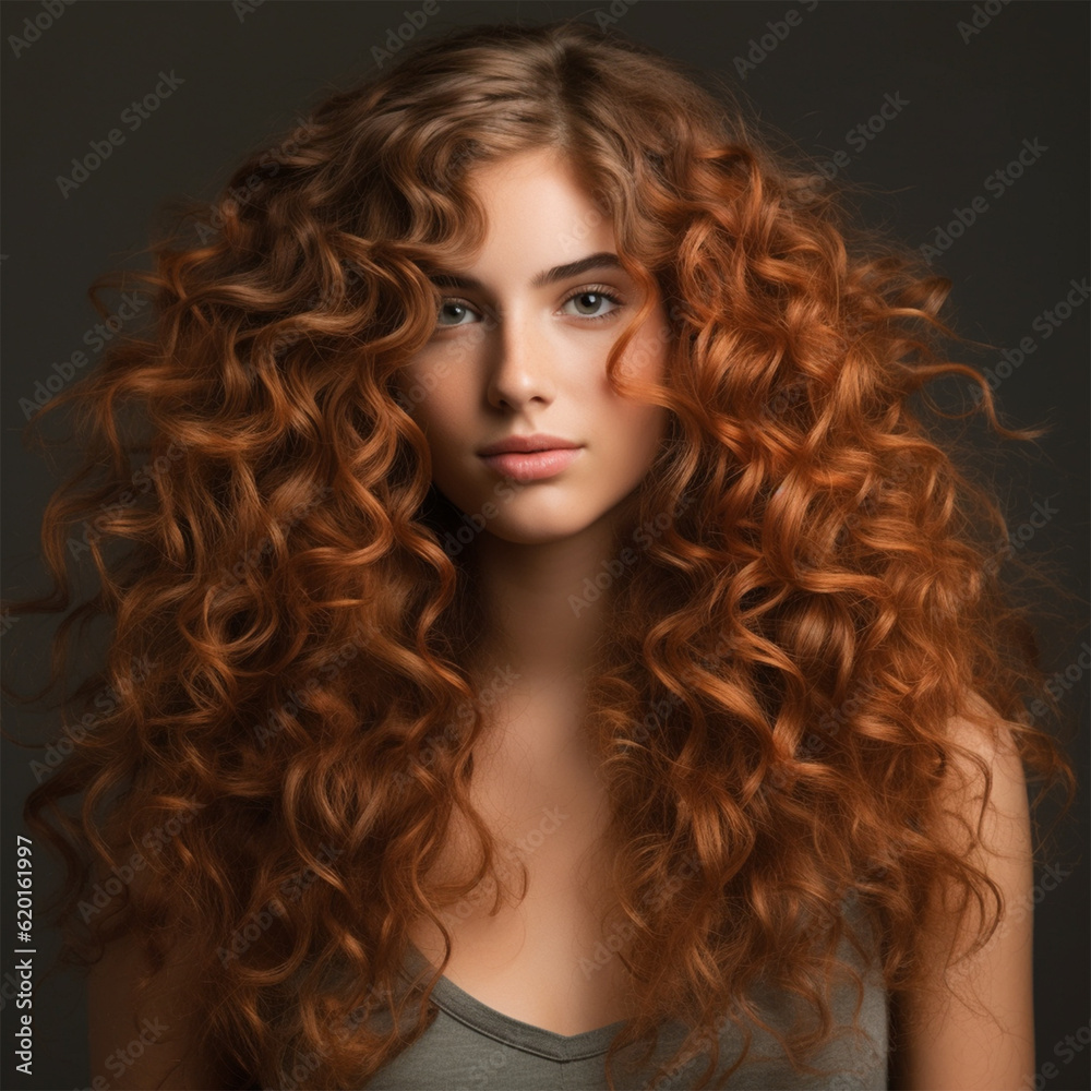 close-up portrait of a young woman with bright red hair color and hairstyle. Banner or poster. Social media content for beauty salons. hair dye color in the catalog. Generative AI