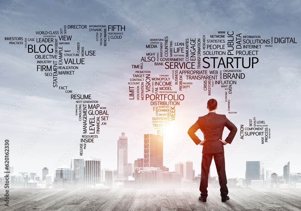 Motivation and inspiration concept with modern cityscape and businessman observing it Motivation and inspiration concept with modern cityscape and businessman observing it