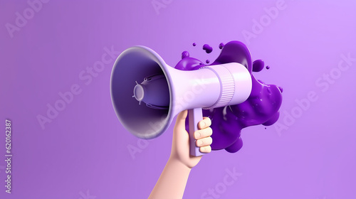 Cartoon hand holding megaphone with speech bubble. 