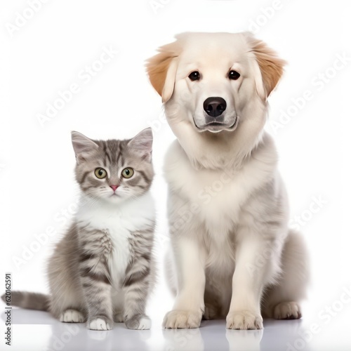 A cute white dog and cat sitting on White background