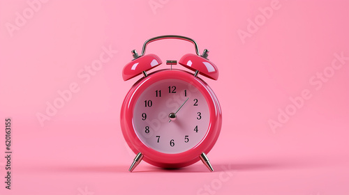 Minimal pink alarm clock on pink background 3D render. 