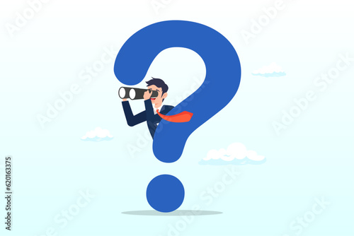 Curios businessman with huge question mark look through binoculars to search for new business idea, curiosity explore unknown, search for solution, new business opportunity, seek for success (Vector)