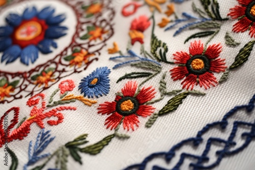 Traditional Ukrainian embroidery, embroidered flowers on white cloth, macro, closeup, colorful, Generative AI