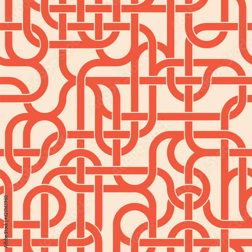 Abstract geometric composition of intersecting red lines on a white background. Metro map style. Tangles pipes. Connection concept. Modern texture. Seamless repeating pattern. Vector illustration.