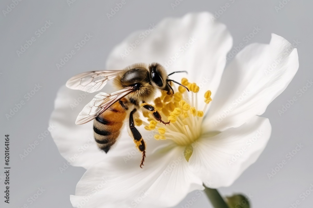 A bee collects pollen from a cherry flower on a light background.