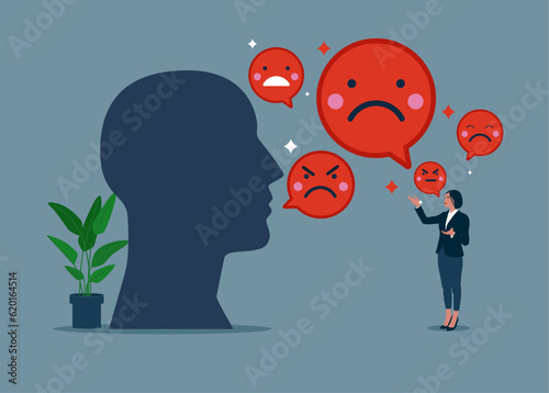 Manager and human head holding sad and evils face  emoji. Employees no happiness, job no satisfaction, company no benefit, negative attitude. Vector illustration