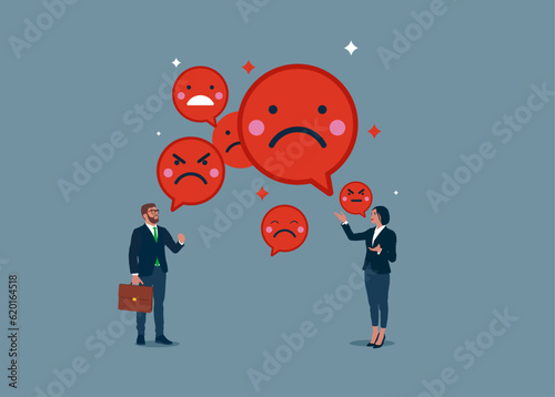 Aggressive businessman and woman sad and evils face symbol. Employees no happiness, job no satisfaction, company no benefit, negative attitude.