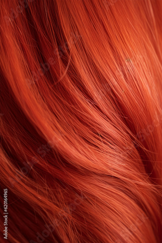 A closeup view of a bunch of shiny straight red hair . Generative AI