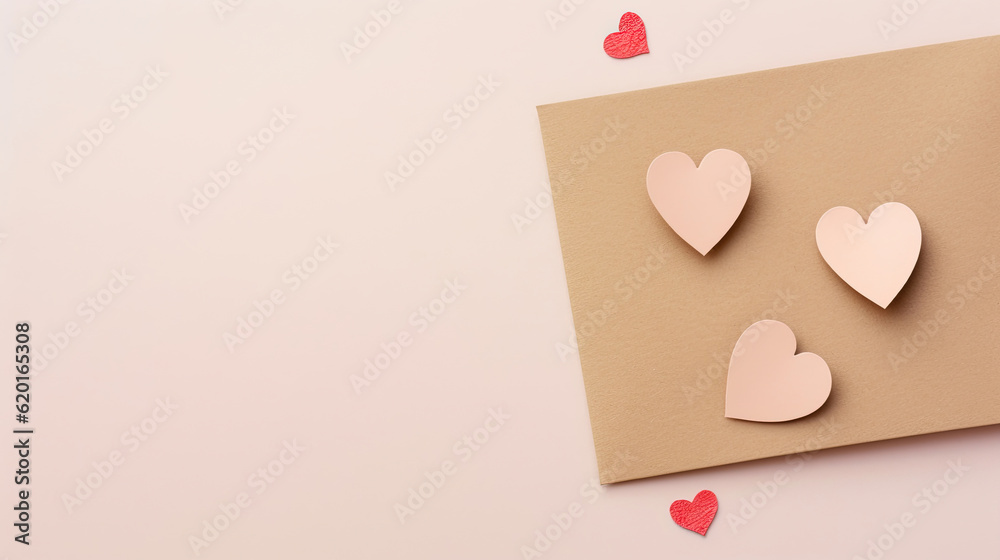 Mock-up of an empty greeting card and two hearts on a beige background. Valentines day