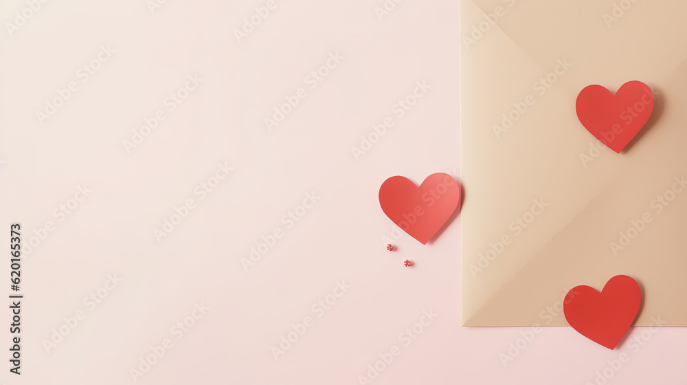 Mock-up of an empty greeting card and two hearts on a beige background. Valentines day