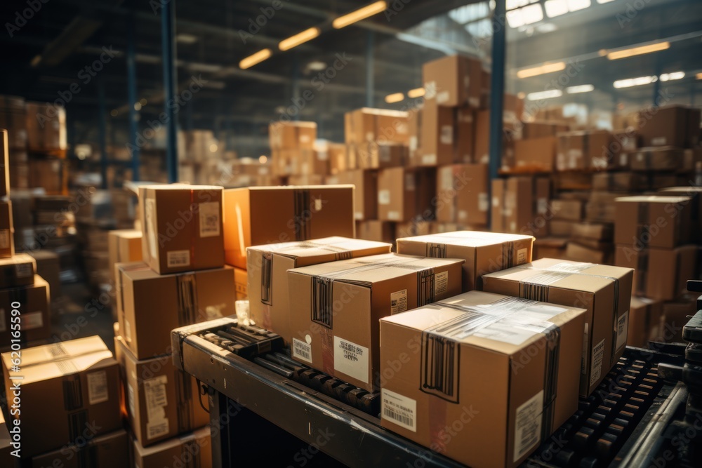 Cardboard boxes before delivery. At the factory warehouse, scan the label on the box with a barcode scanner. Cardboard boxes before delivery. At the factory warehouse, scan the label on the box with a barcode scanner.