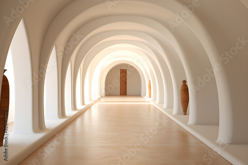 A white hallway with arches and wooden floors, in arches of the church. Generative AI.