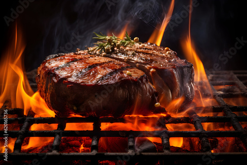 A bbq steak is cooking over an open fire, generative ai.